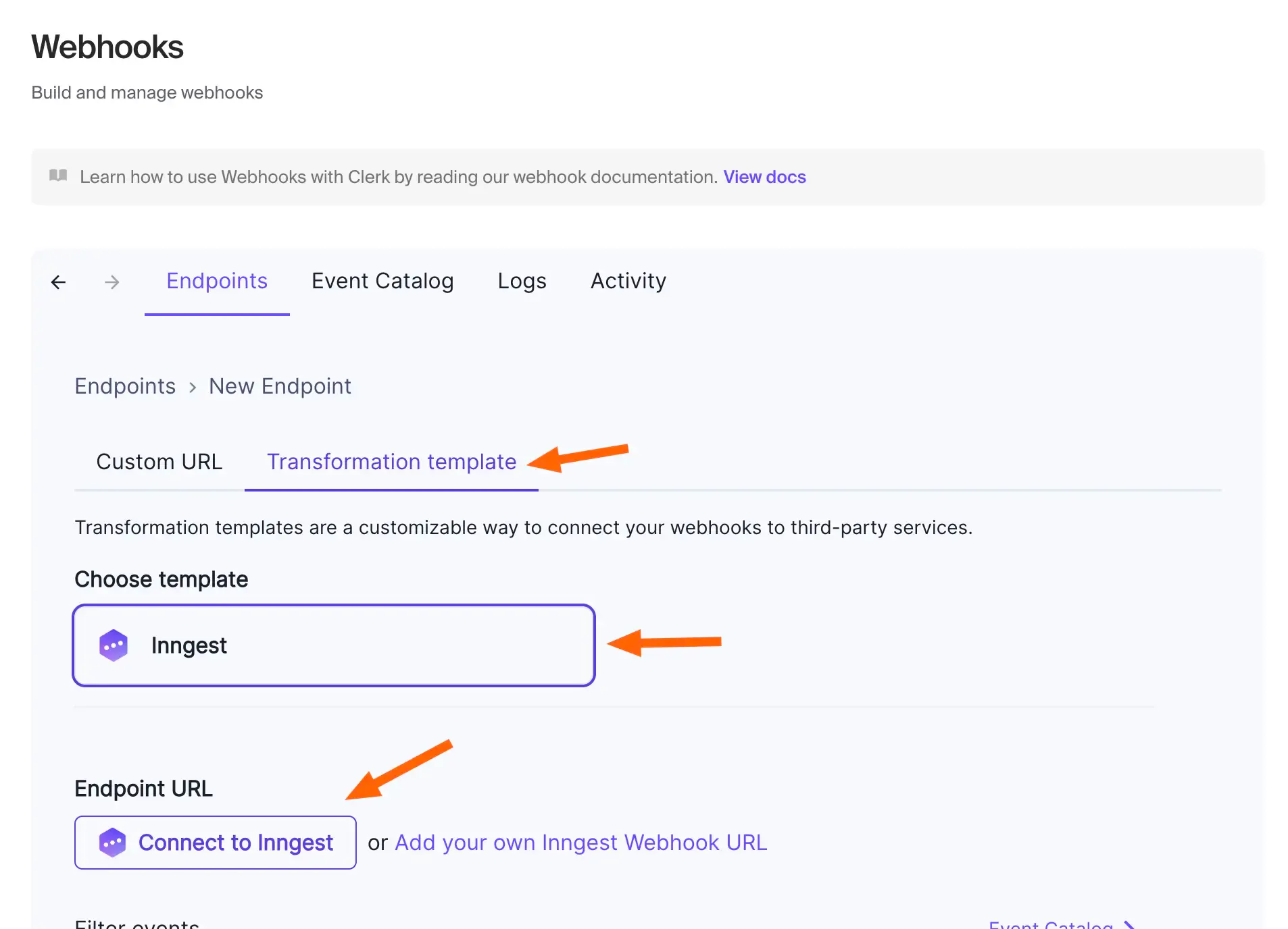 The Webhooks page in the Clerk Dashboard showing the Inngest transformation template. Red arrows point to the Transformation Template tab, the Inngest template, and the Connect to Inngest button.